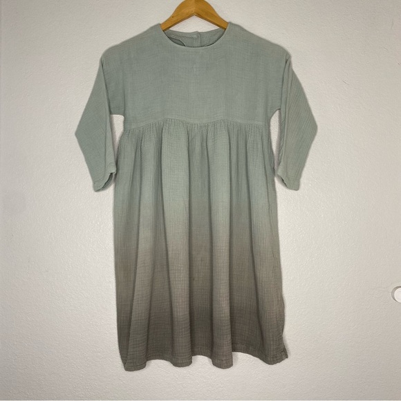 “Kids On The Moon” Green Watercolour Ombré Gauze Cotton Girls Dress - Picture 2 of 10